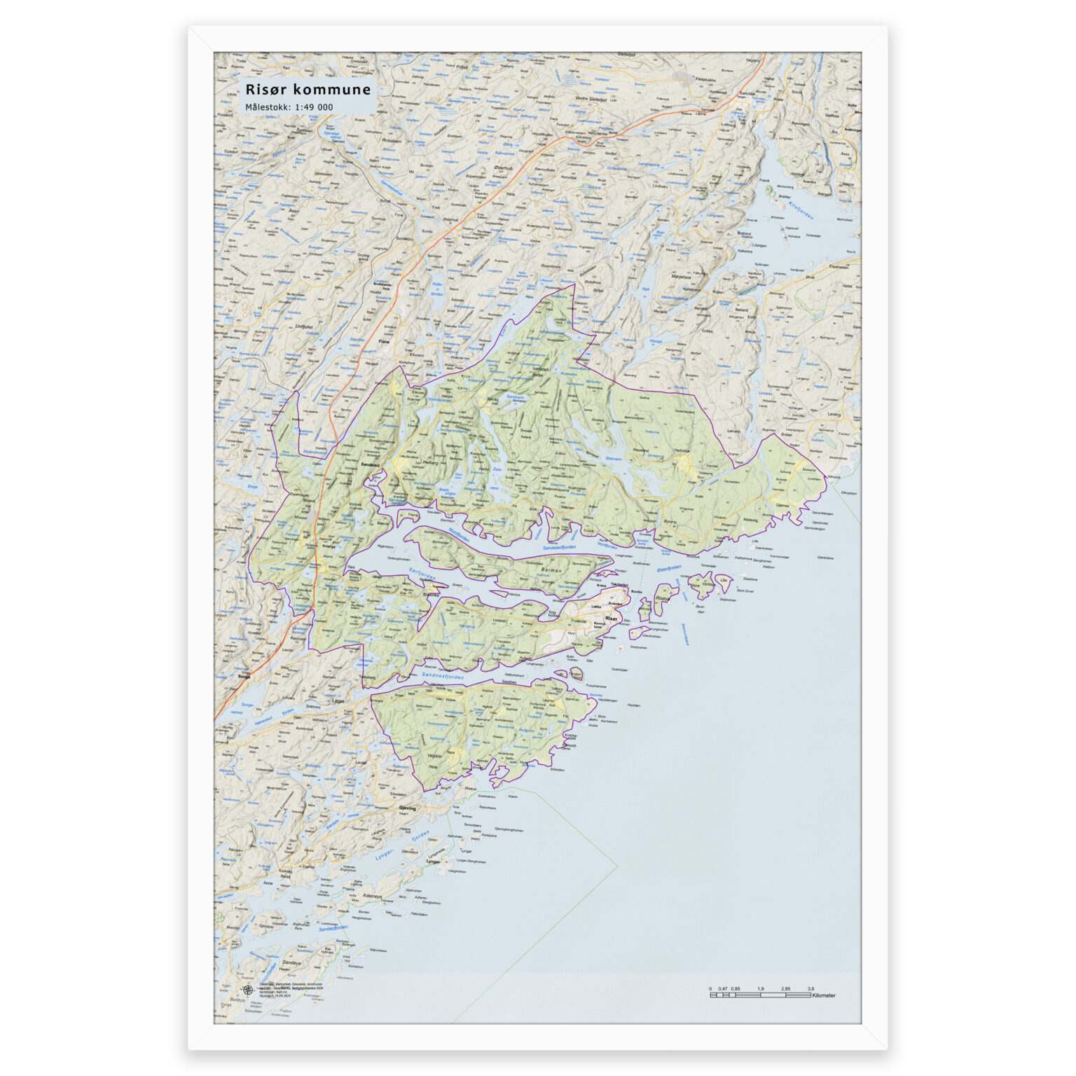 Kart over Risør kommune | Veggkart, plakat eller innrammet