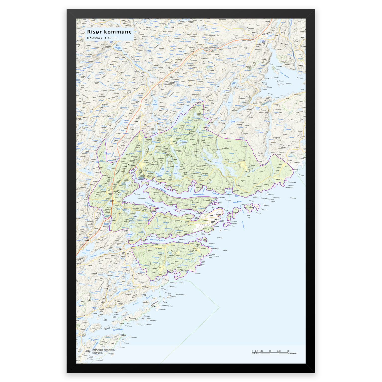 Kart over Risør kommune | Veggkart, plakat eller innrammet