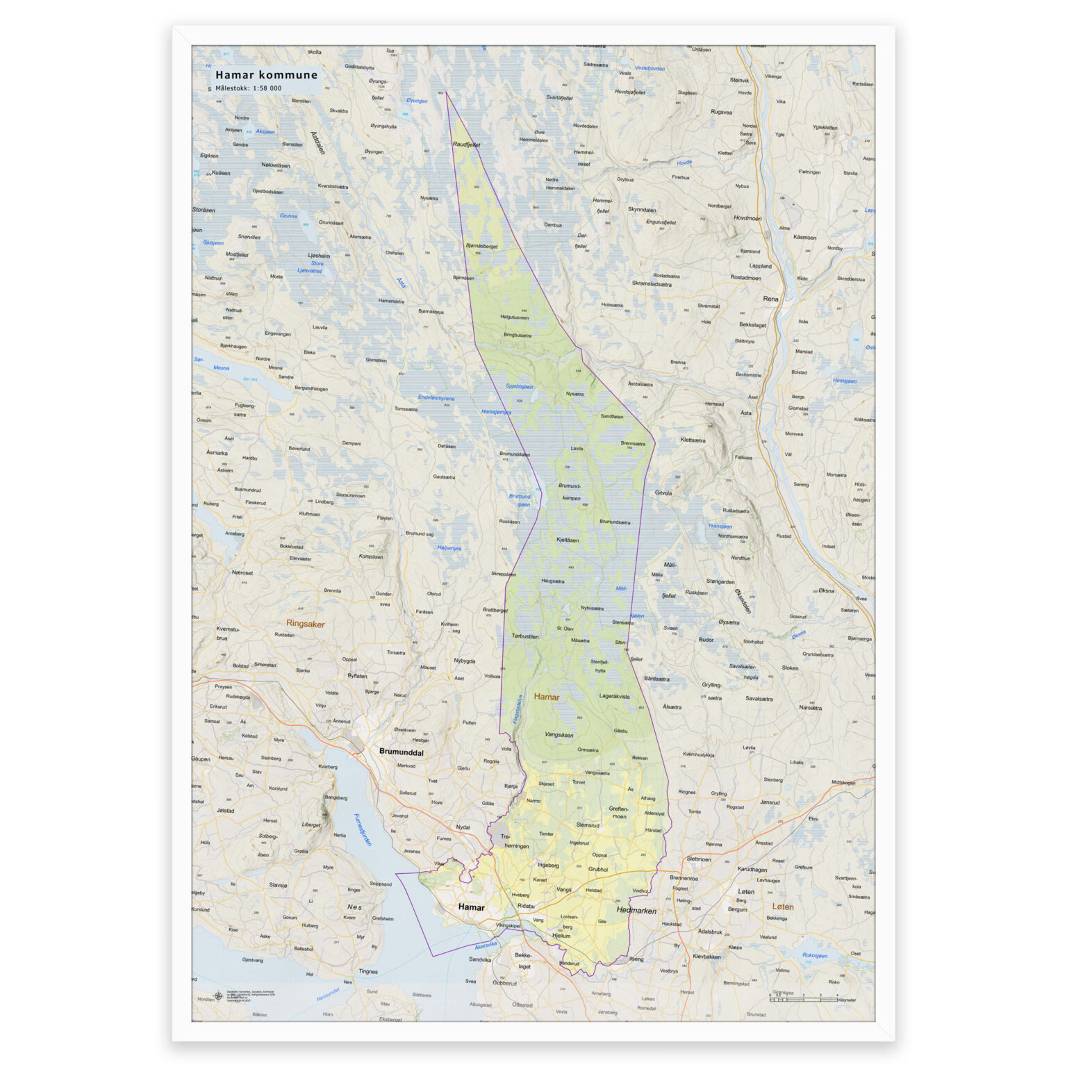 Hamar Map Kart over Hamar kommune | Veggkart, plakat eller innrammet