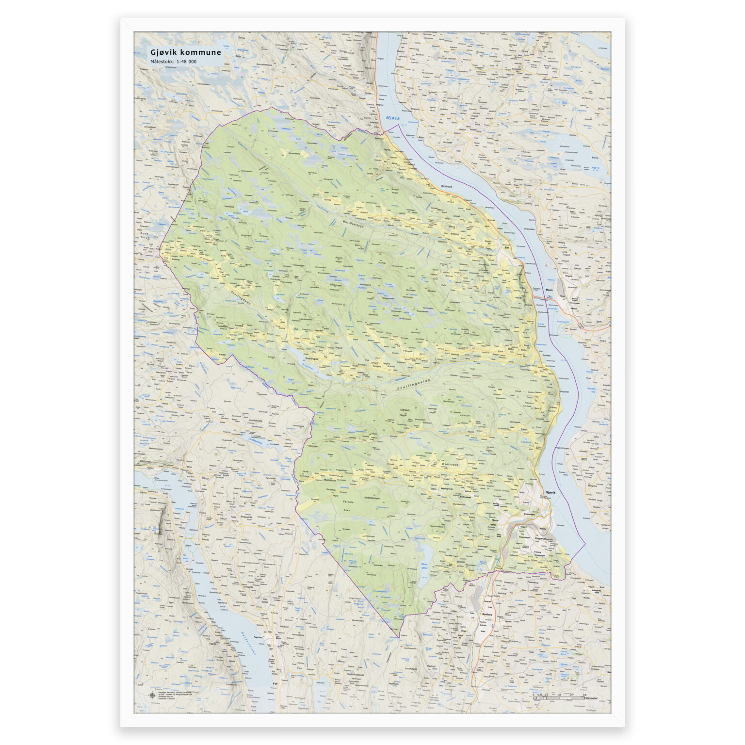 Kart over Gjøvik kommune | Veggkart, plakat eller innrammet