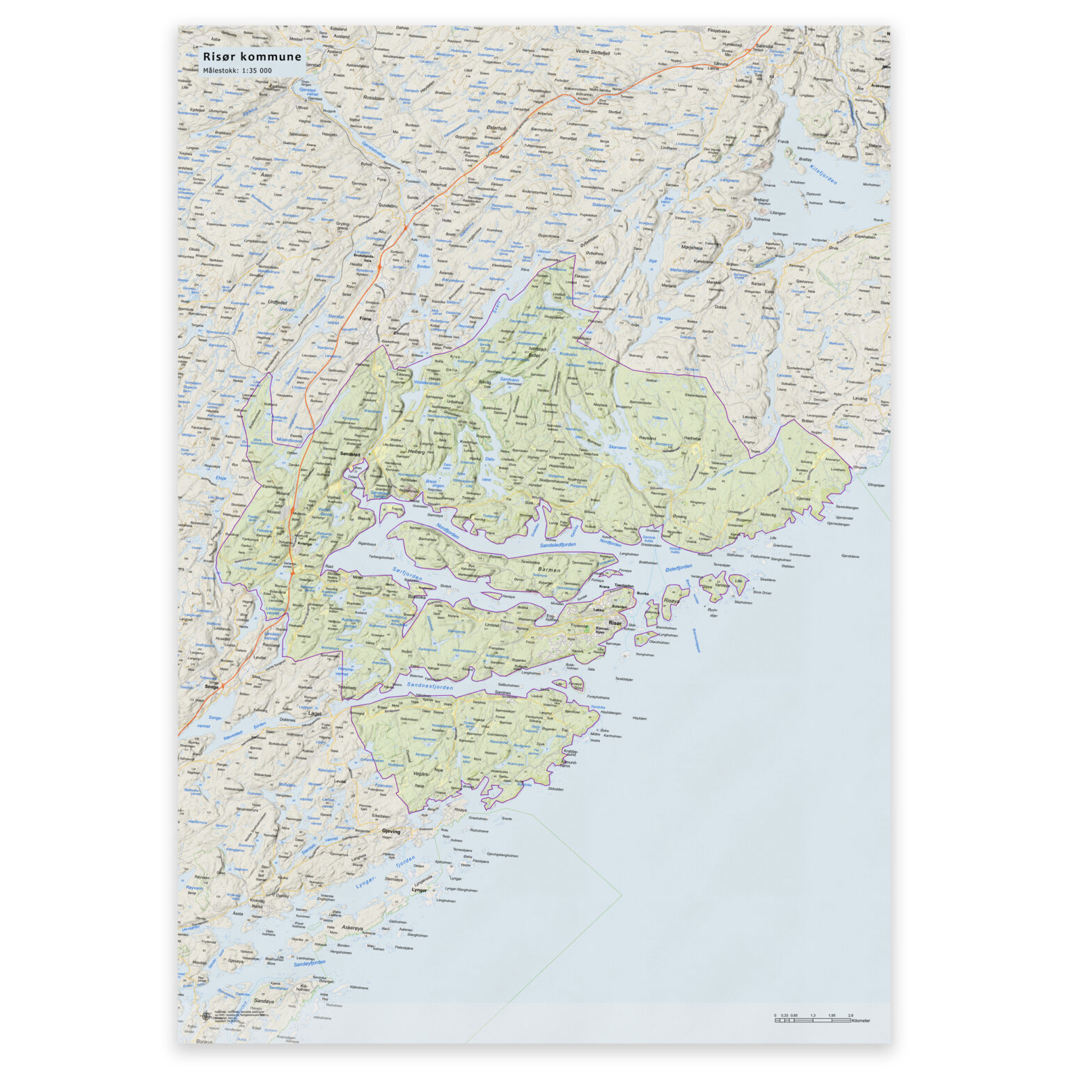Kart over Risør kommune | Veggkart, plakat eller innrammet