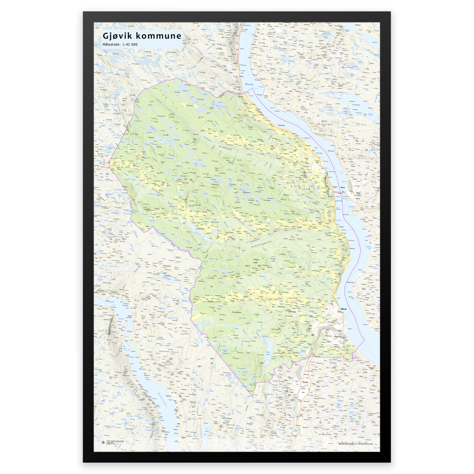 Kart over Gjøvik kommune | Veggkart, plakat eller innrammet